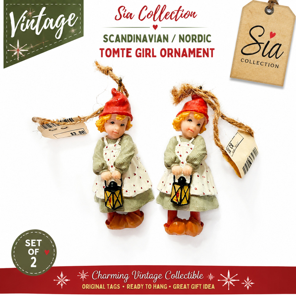 Authentic VTG SIA Scandinavian Swedish Tomte Girl Ornament Set 2 Orig Tags NOS